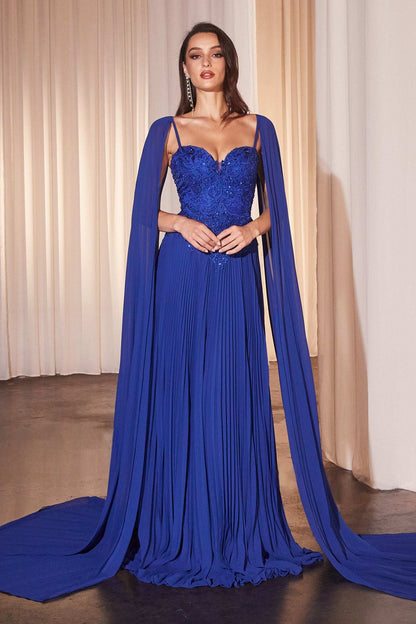 Ladivine CJ937 Pleated A-Line Gown With Cape Sleeves by DiscountDressShop