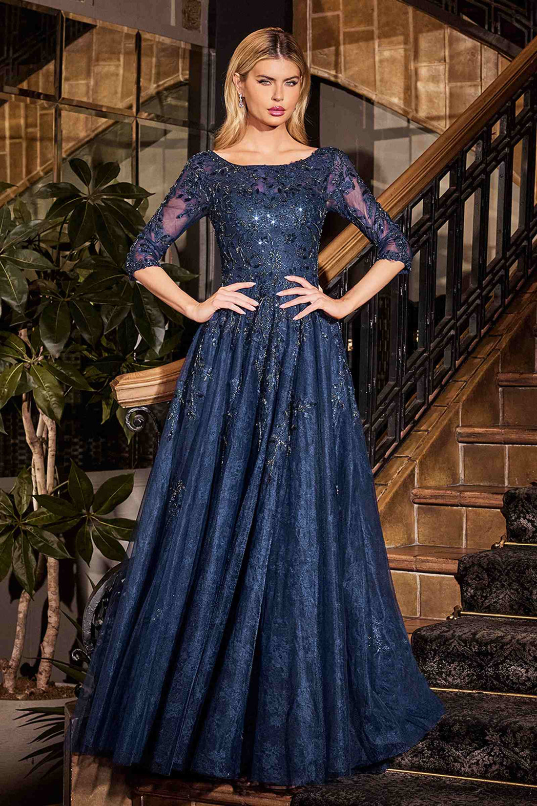 Ladivine CK2401 A-Line Lace &amp; Tulle Modest Mother of the Bride Gown by DiscountDressShop