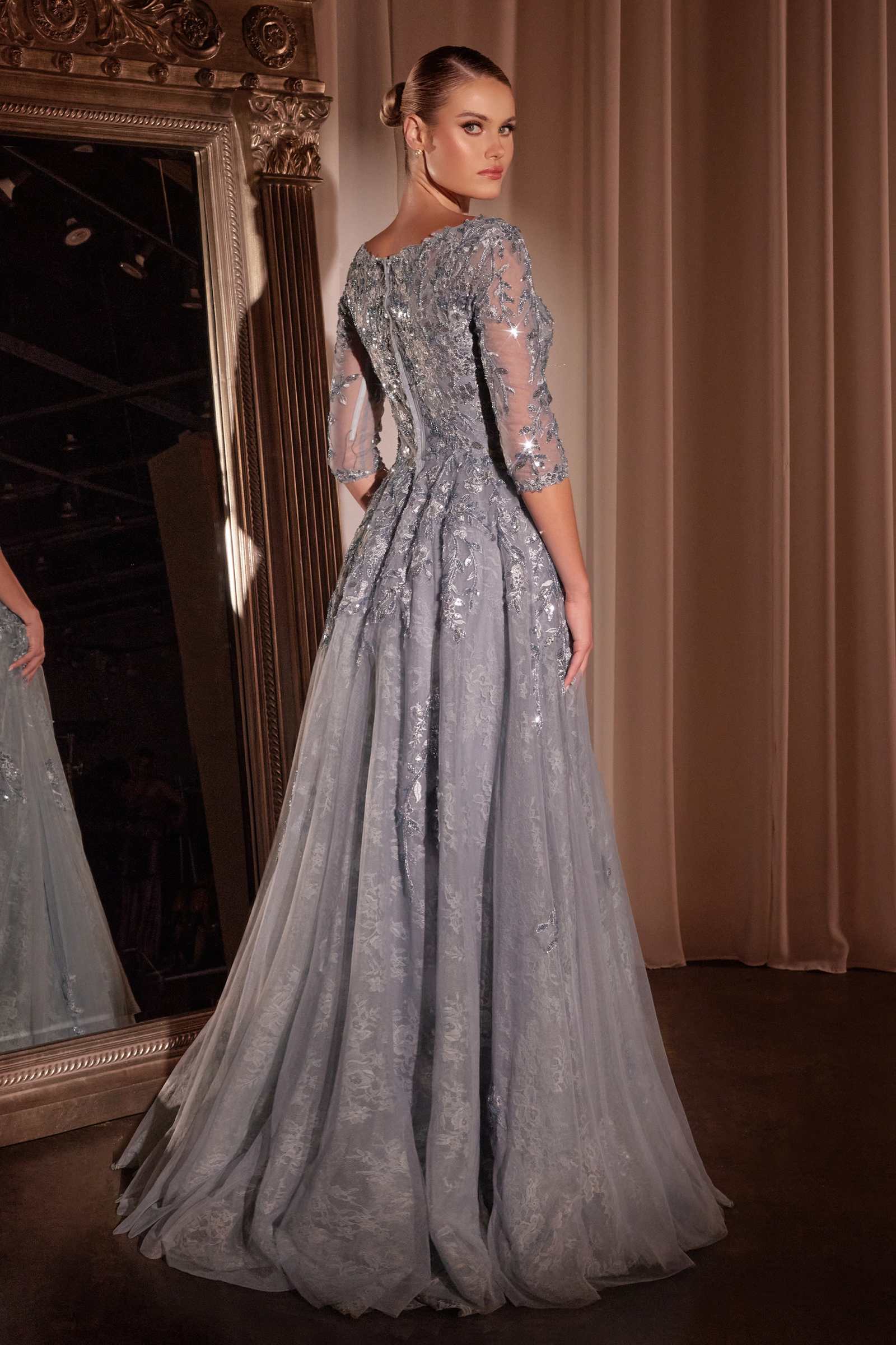 Ladivine CK2401 A-Line Lace &amp; Tulle Modest Mother of the Bride Gown by DiscountDressShop