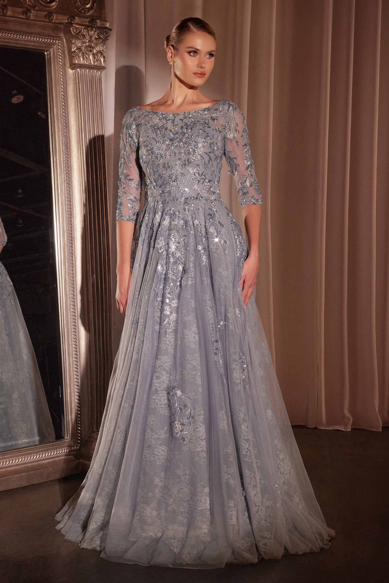 Ladivine CK2401 A-Line Lace &amp; Tulle Modest Mother of the Bride Gown by DiscountDressShop