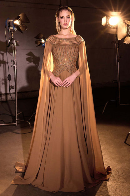 Ladivine CL08 Long A-Line Chiffon Flowing Cape Evening Gown by DiscountDressShop