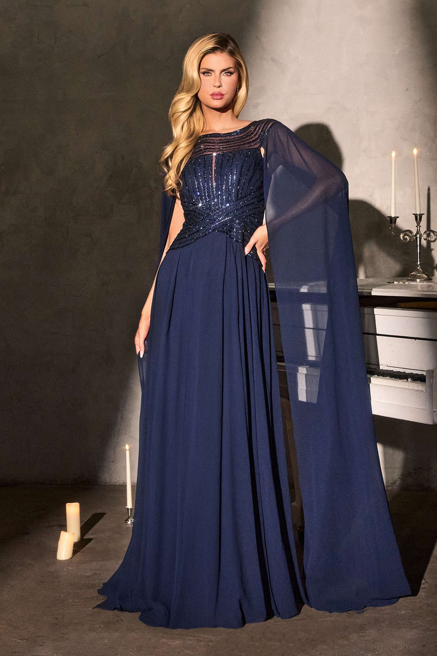 Ladivine CL08 Long A-Line Chiffon Flowing Cape Evening Gown by DiscountDressShop