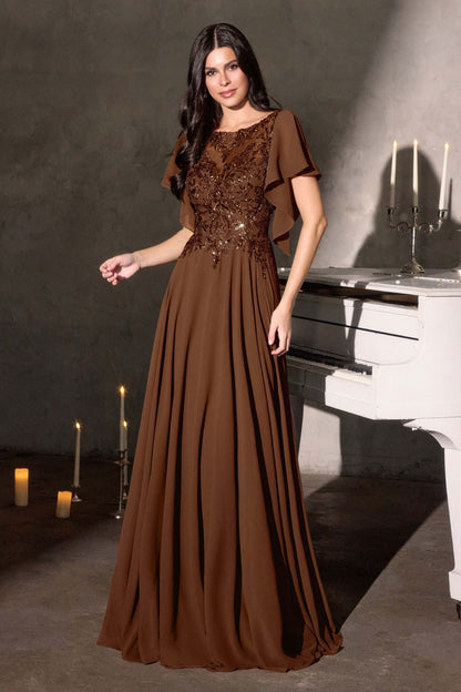 Ladivine CL09 Flutter Sleeve Illusion Neck A-Line Chiffon Gown by DiscountDressShop