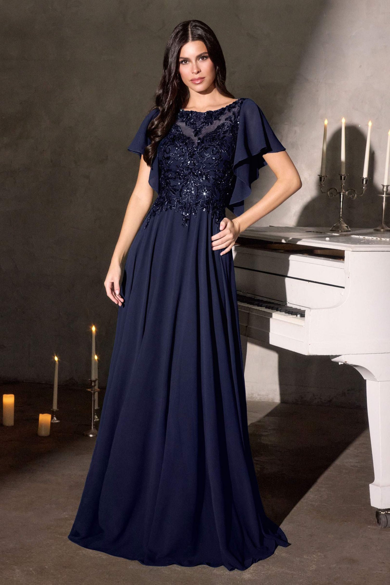 Ladivine CL09 Flutter Sleeve Illusion Neck A-Line Chiffon Gown by DiscountDressShop