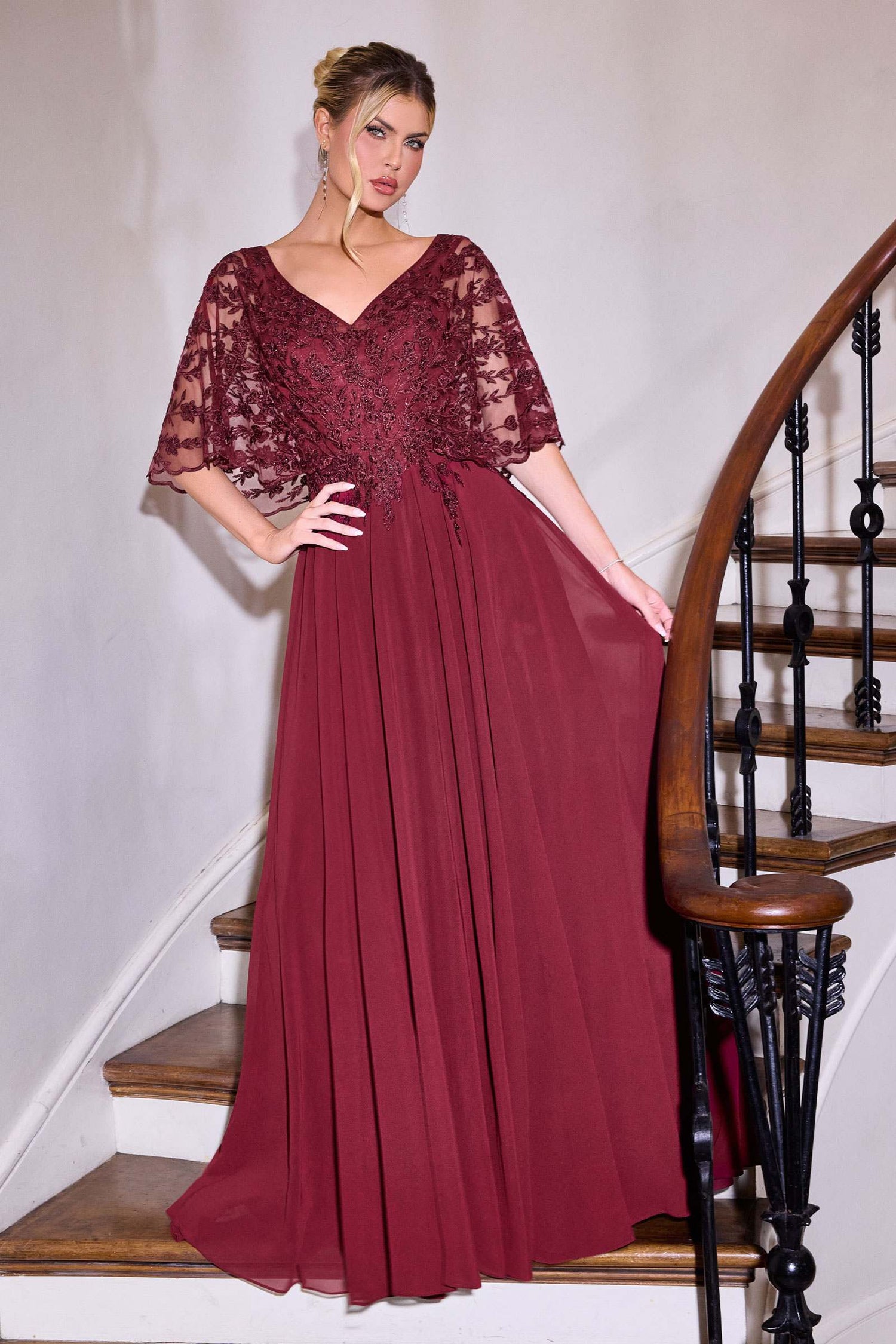 Ladivine CL10 Mother of the Bride V-Neckline Lace Bodice A-Line Gown by DiscountDressShop