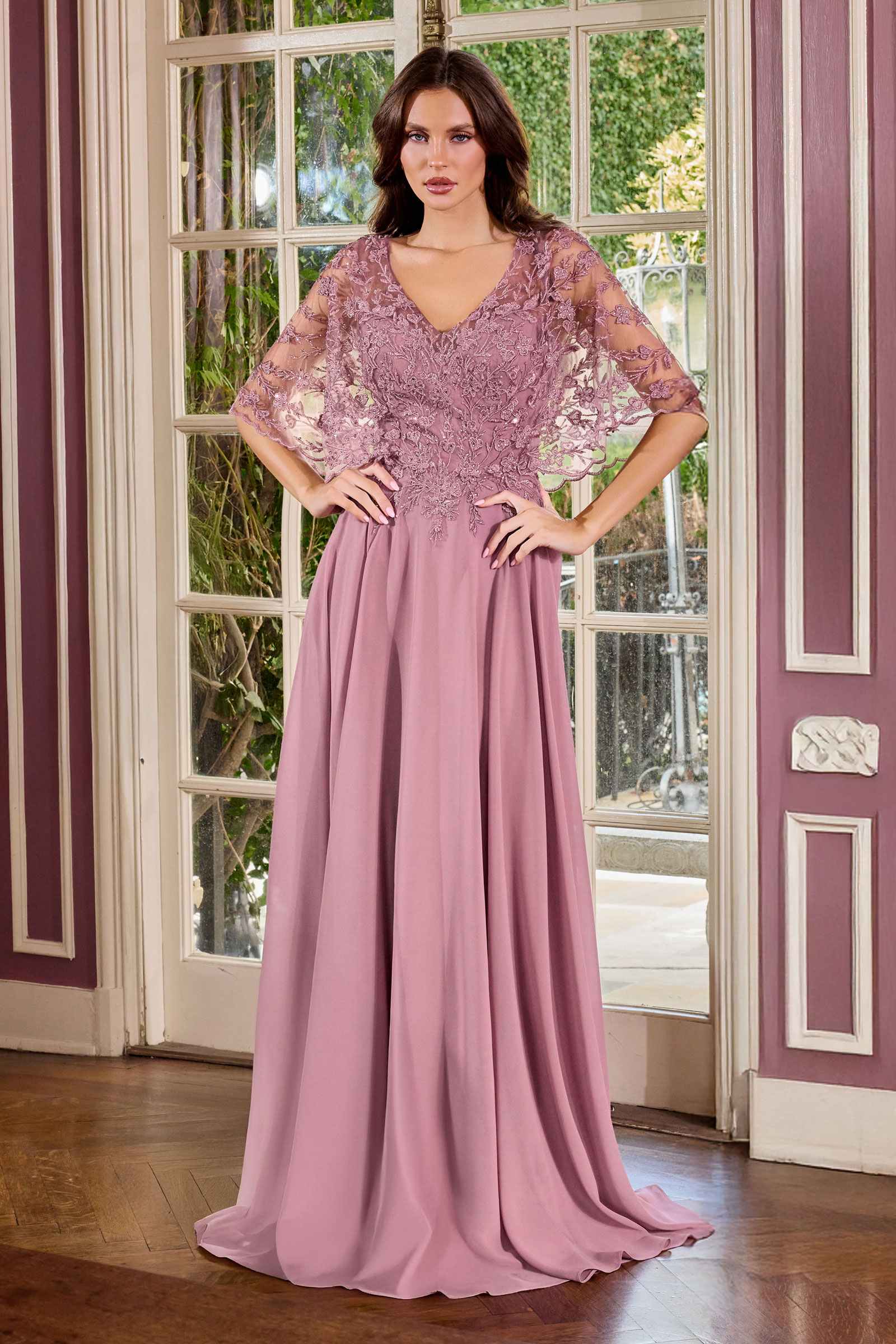 Ladivine CL10 Mother of the Bride V-Neckline Lace Bodice A-Line Gown by DiscountDressShop