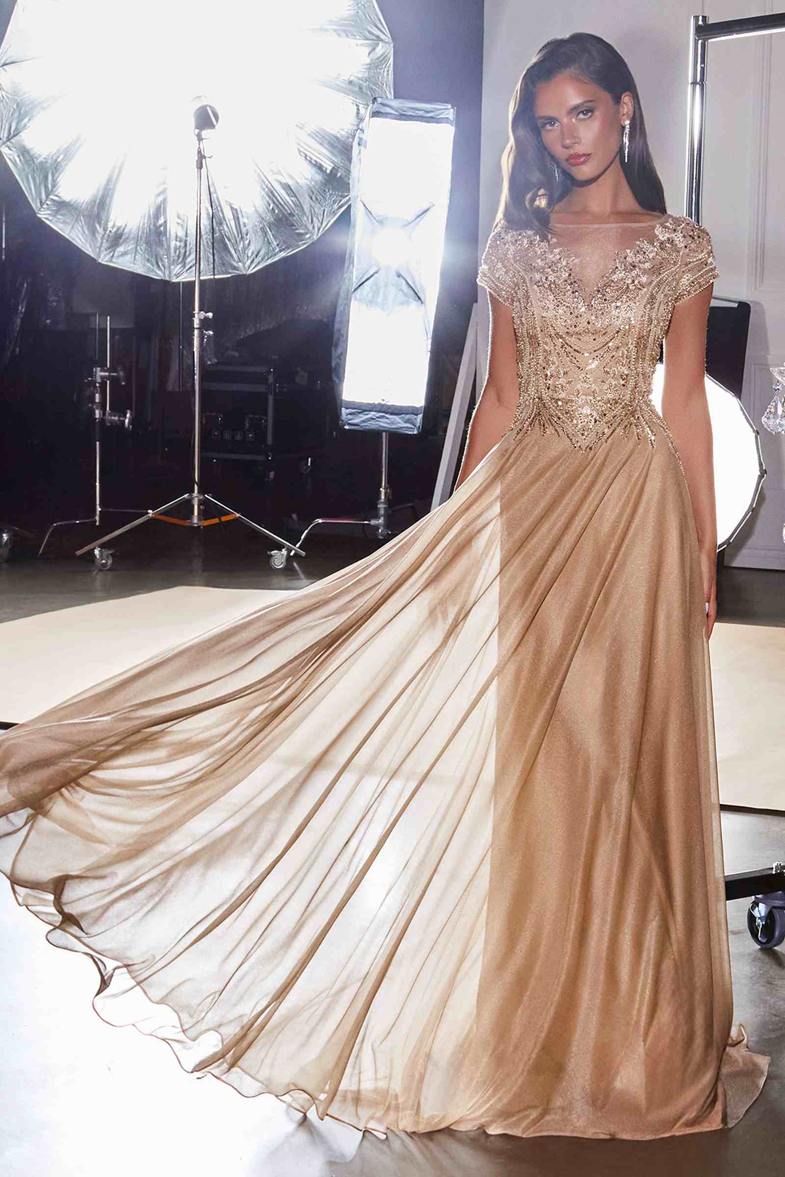 Ladivine CL11 Gold Beaded Cap Sleeve A-Line Formal Dress  DestGlow