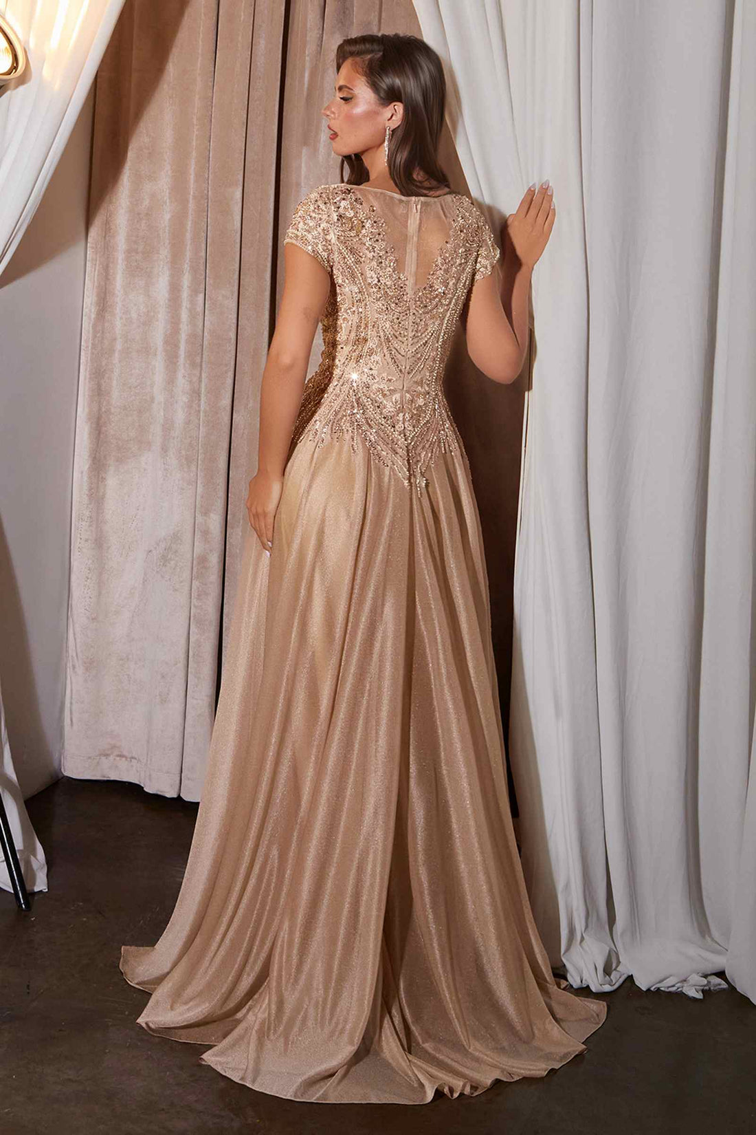 Ladivine CL11 Gold Beaded Cap Sleeve A-Line Formal Dress  DestGlow