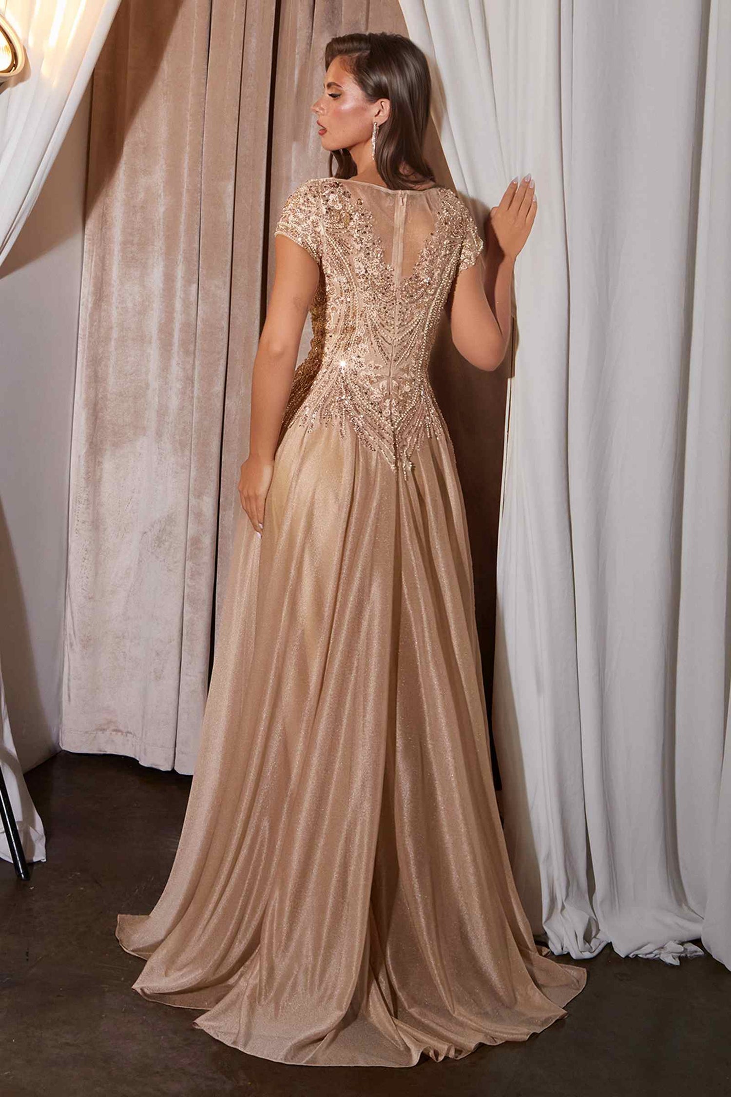 Ladivine CL11 Gold Beaded Cap Sleeve A-Line Formal Dress  DestGlow