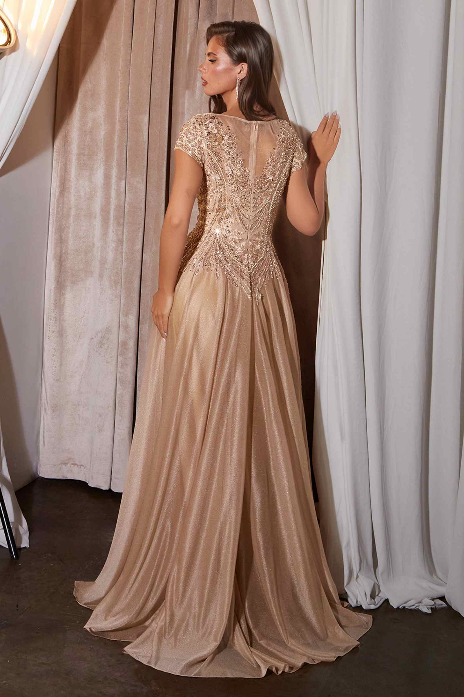 Ladivine CL11 Gold Beaded Cap Sleeve A-Line Formal Dress  DestGlow