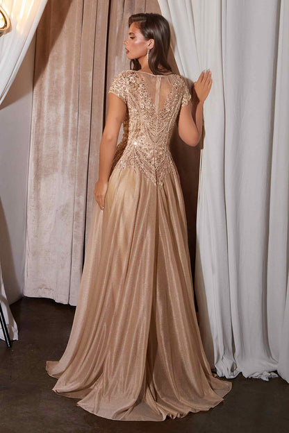 Ladivine CL11 Gold Beaded Cap Sleeve A-Line Formal Dress  DestGlow