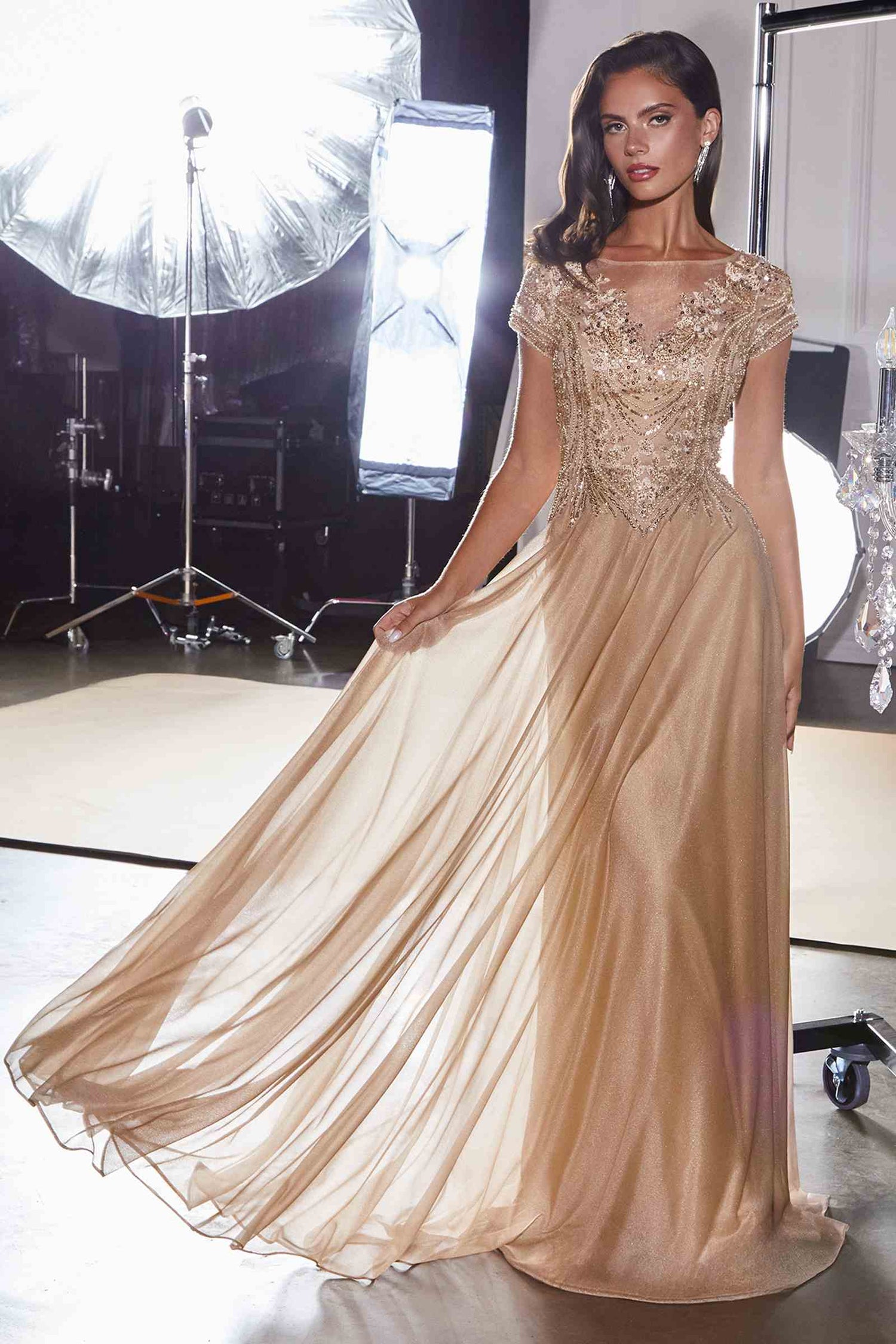 Ladivine CL11 Gold Beaded Cap Sleeve A-Line Formal Dress  DestGlow