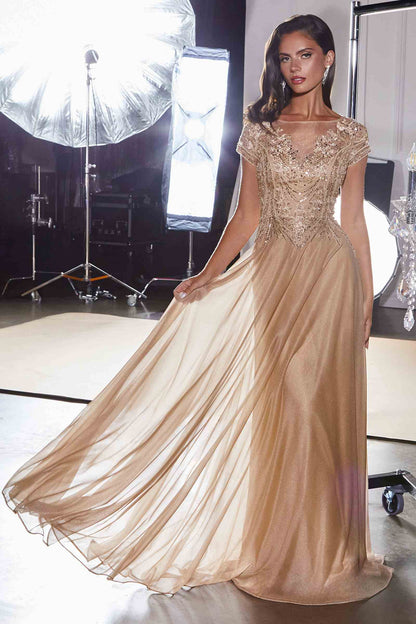 Ladivine CL11 Gold Beaded Cap Sleeve A-Line Formal Dress  DestGlow