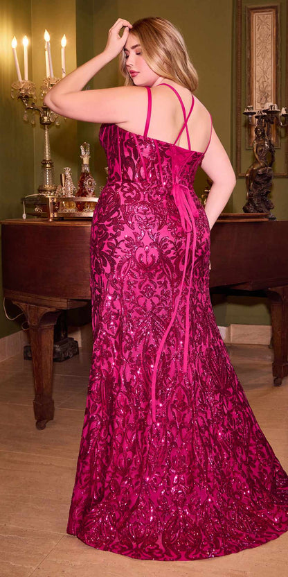 Ladivine CM334 Long Fitted Sheath Floral Sequin Motif Gown Corset Bodice by DiscountDressShop
