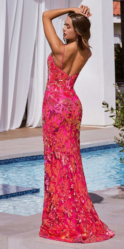 Ladivine CM350 Long Floral Sequin Print Fitted Evening Gown by DiscountDressShop