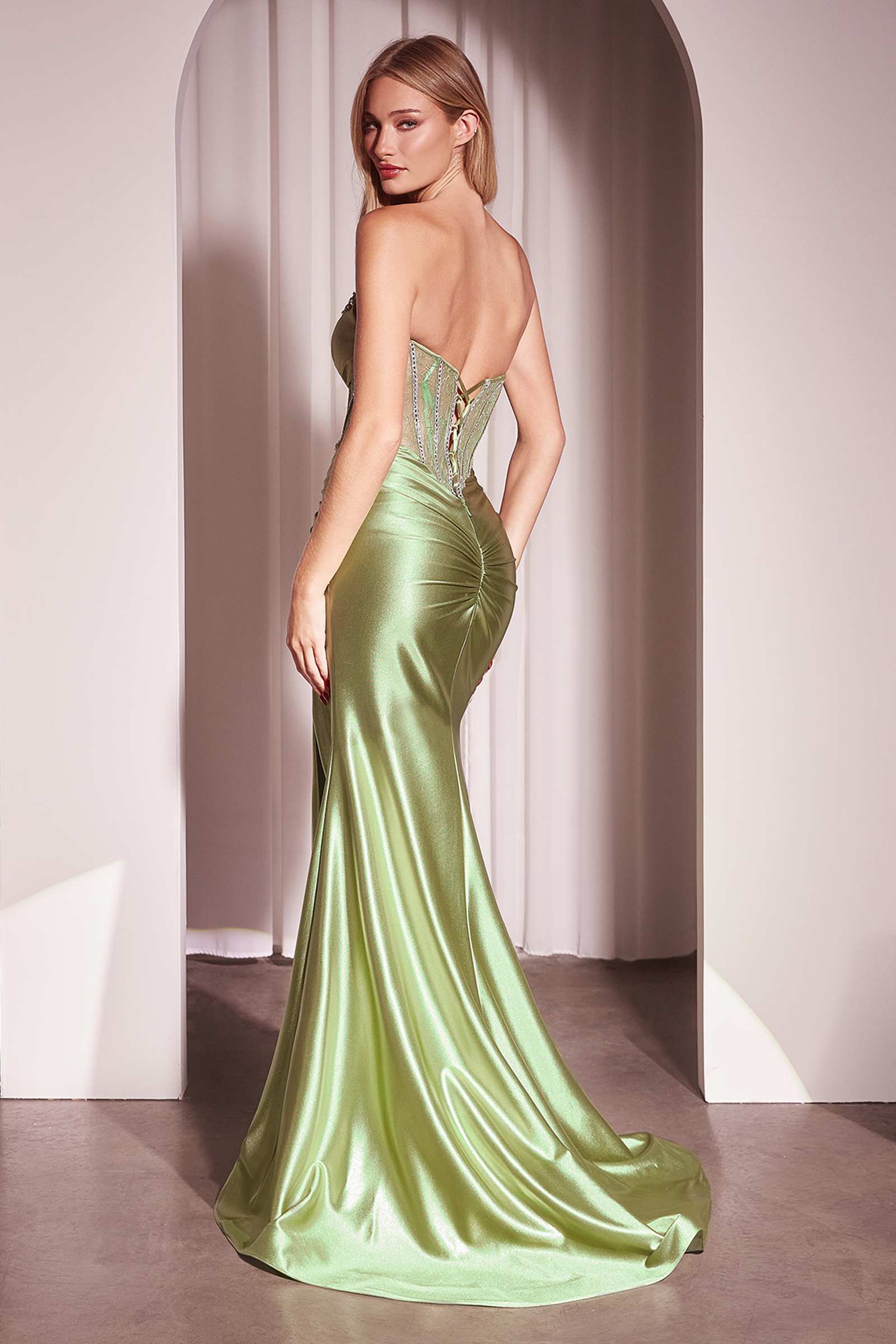 Ladivine CM368 Dress Strapless Lace Bodice Satin Fitted Gown by DiscountDressShop