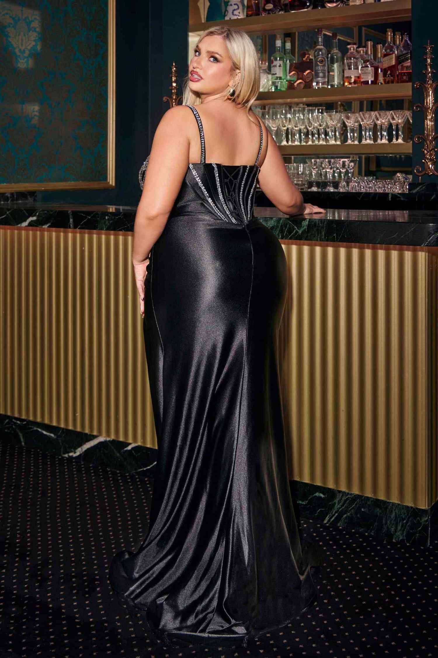 Ladivine CM383 Fitted Crystal &amp; Satin Bodycon Dress