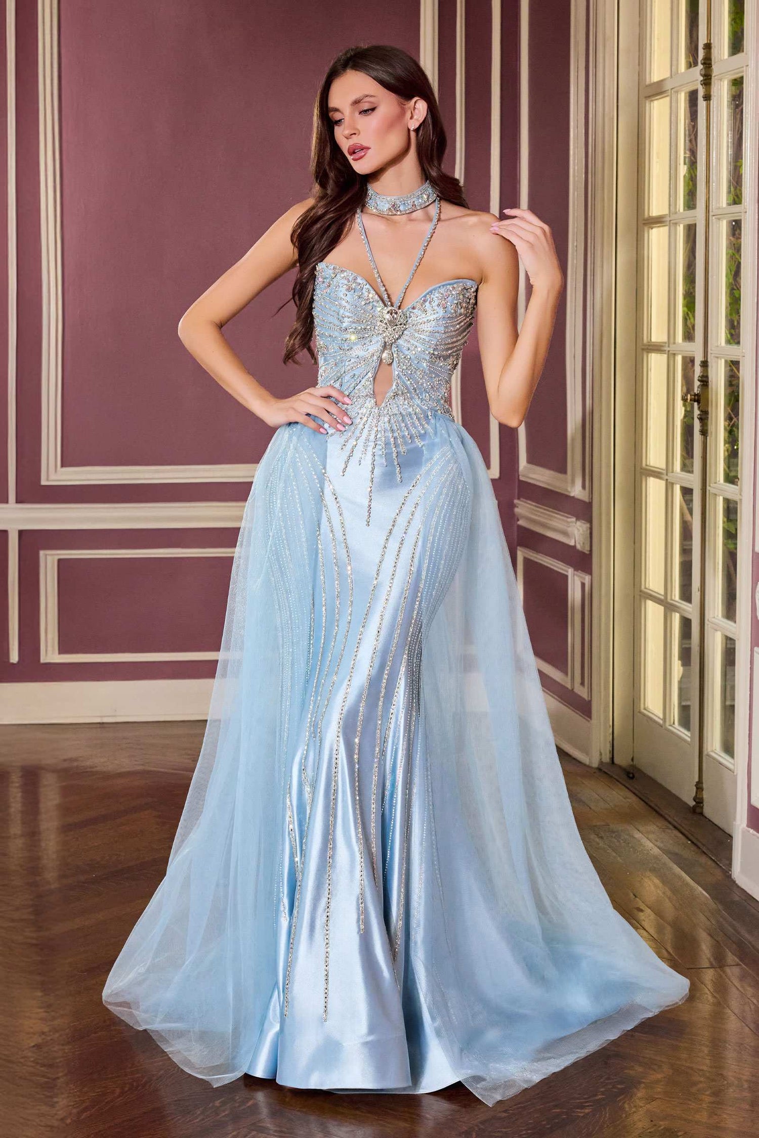 Ladivine CM391 Sparkling Halter Crystal Beadwork Glamorous Fitted Gown by DiscountDressShop