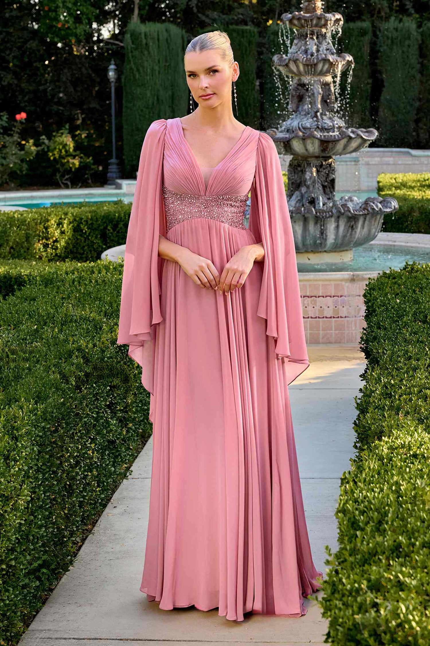 Ladivine CM8244 V-Neckline Cape Sleeves Flowing Chiffon Gown by DiscountDressShop