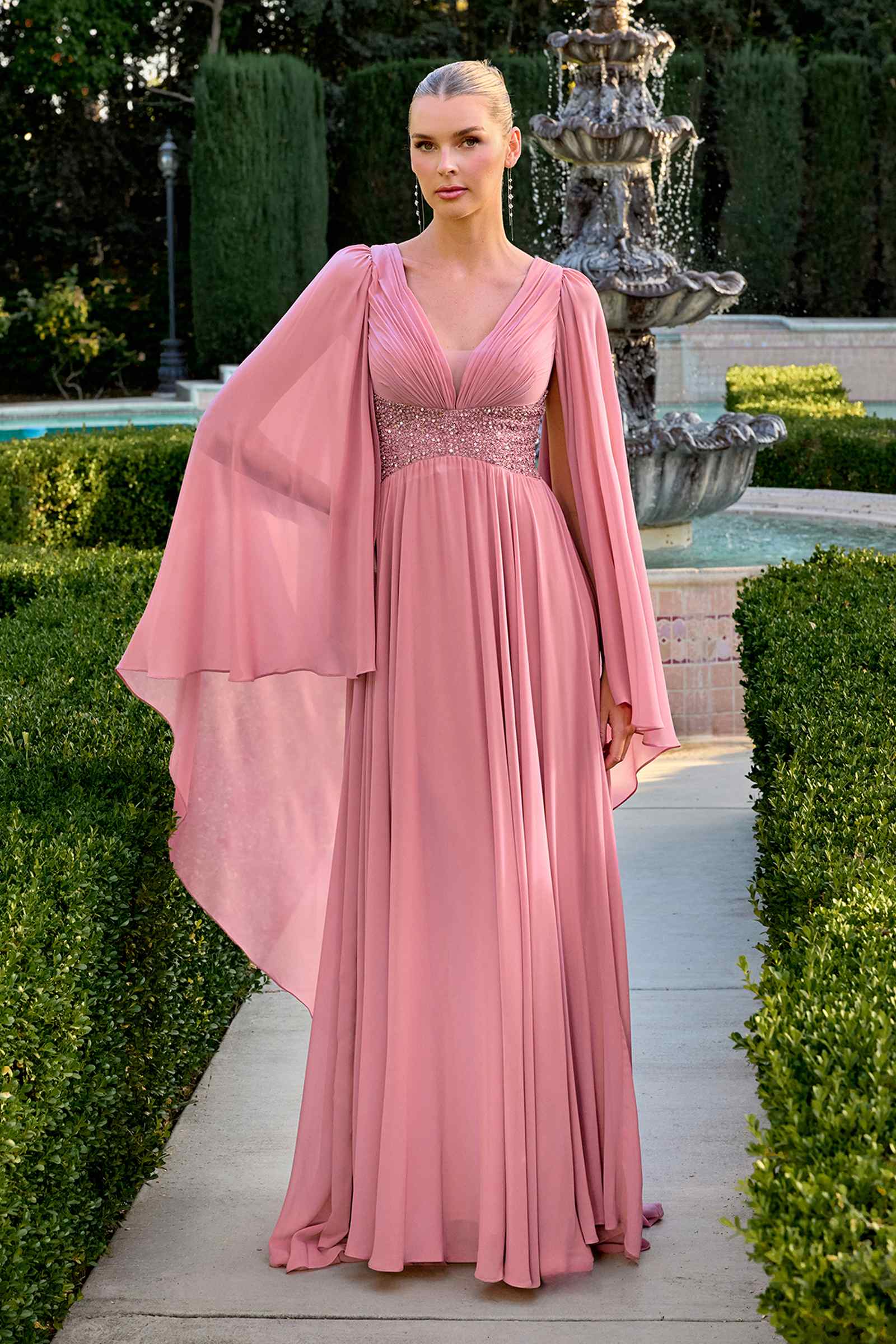 Ladivine CM8244 V-Neckline Cape Sleeves Flowing Chiffon Gown by DiscountDressShop