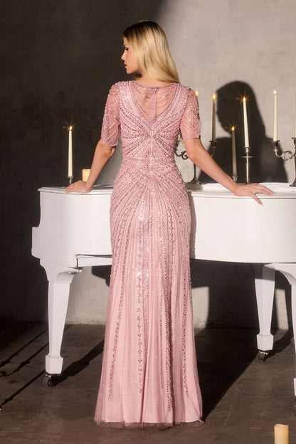 Ladivine CR887 Scoop Neck Flutter Sleeve Beaded Tulle Overlay Formal Gown by DiscountDressShop