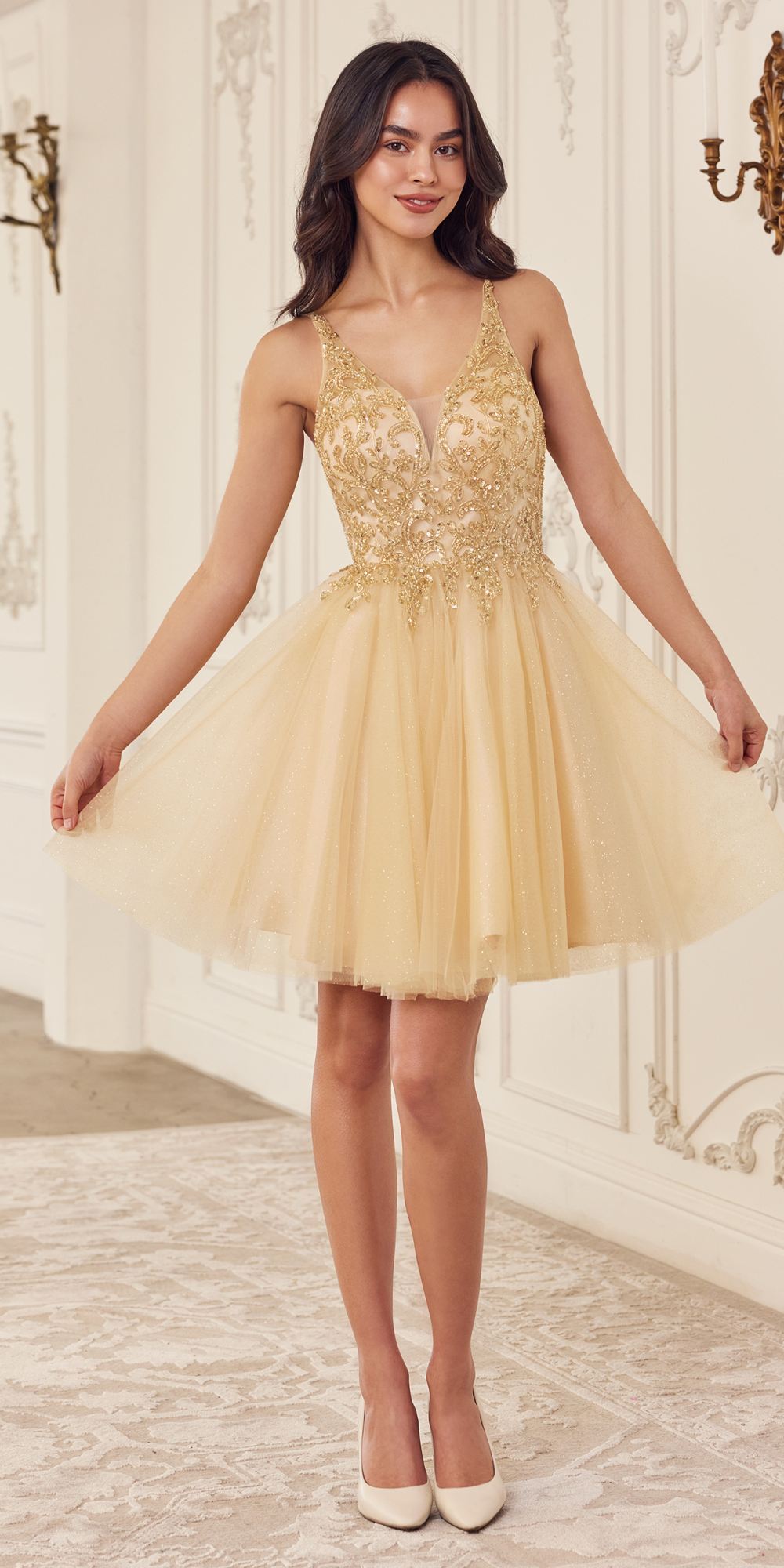 Ladivine CY022 Beaded A-Line Layered Tulle Short Homecoming Dress by DiscountDressShop