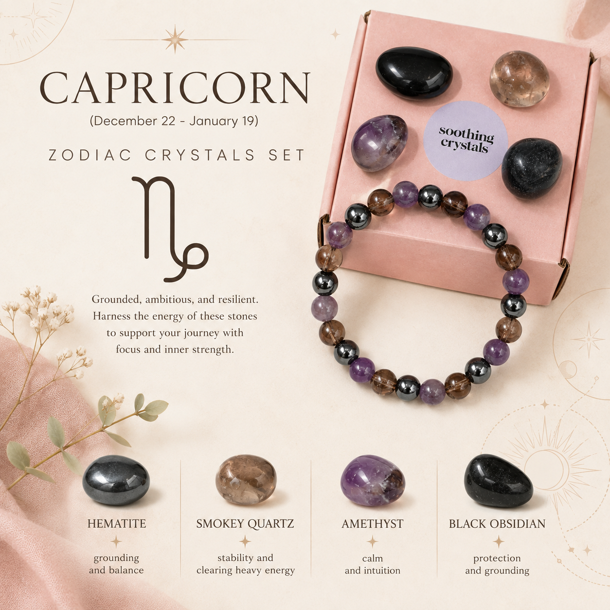 CAPRICORN Zodiac Crystal Kit, Capricorn Birthstones Tumbled Stone Set, Capricorn Gifts  DestGlow