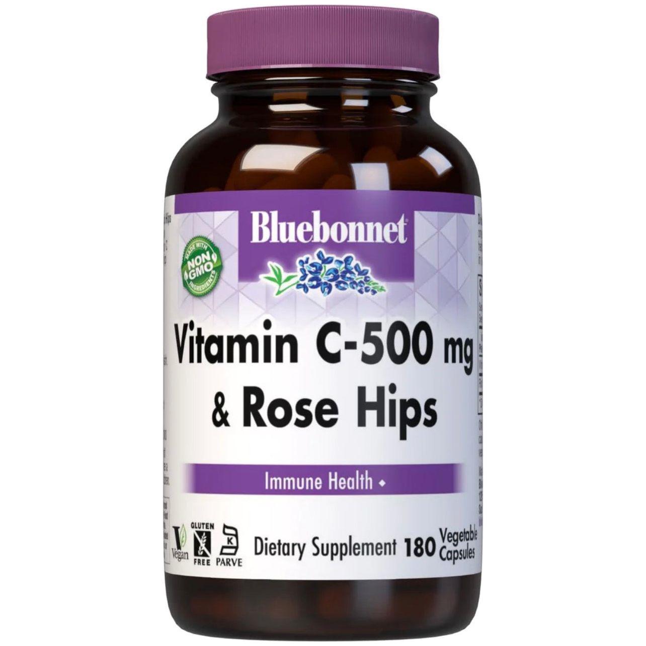 Bluebonnets Vitamin C-500 mg Plus Rose Hips 180 Vegetable Capsules by Pasteur Pharmacy