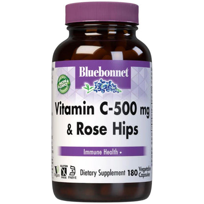 Bluebonnets Vitamin C-500 mg Plus Rose Hips 180 Vegetable Capsules by Pasteur Pharmacy