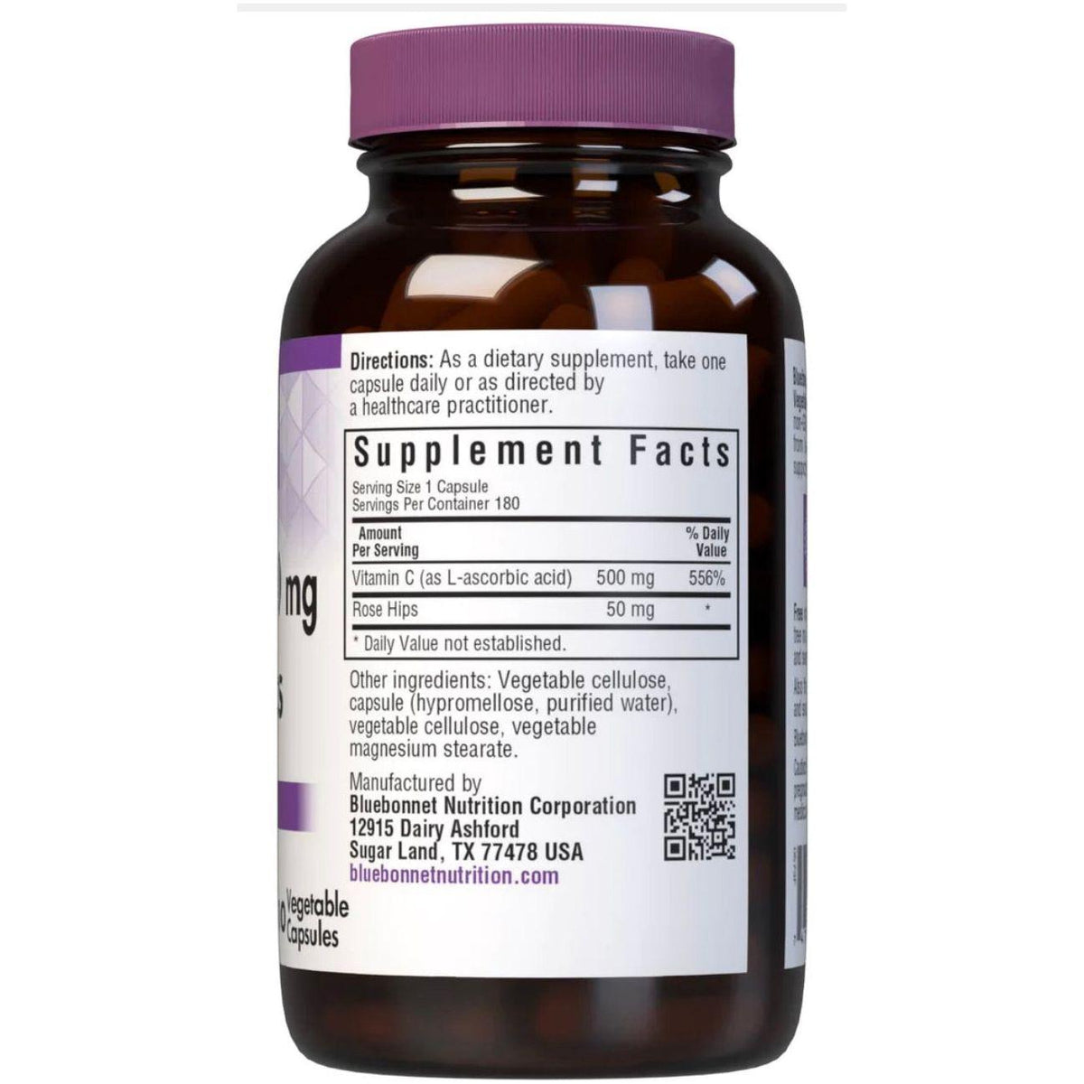 Bluebonnets Vitamin C-500 mg Plus Rose Hips 180 Vegetable Capsules