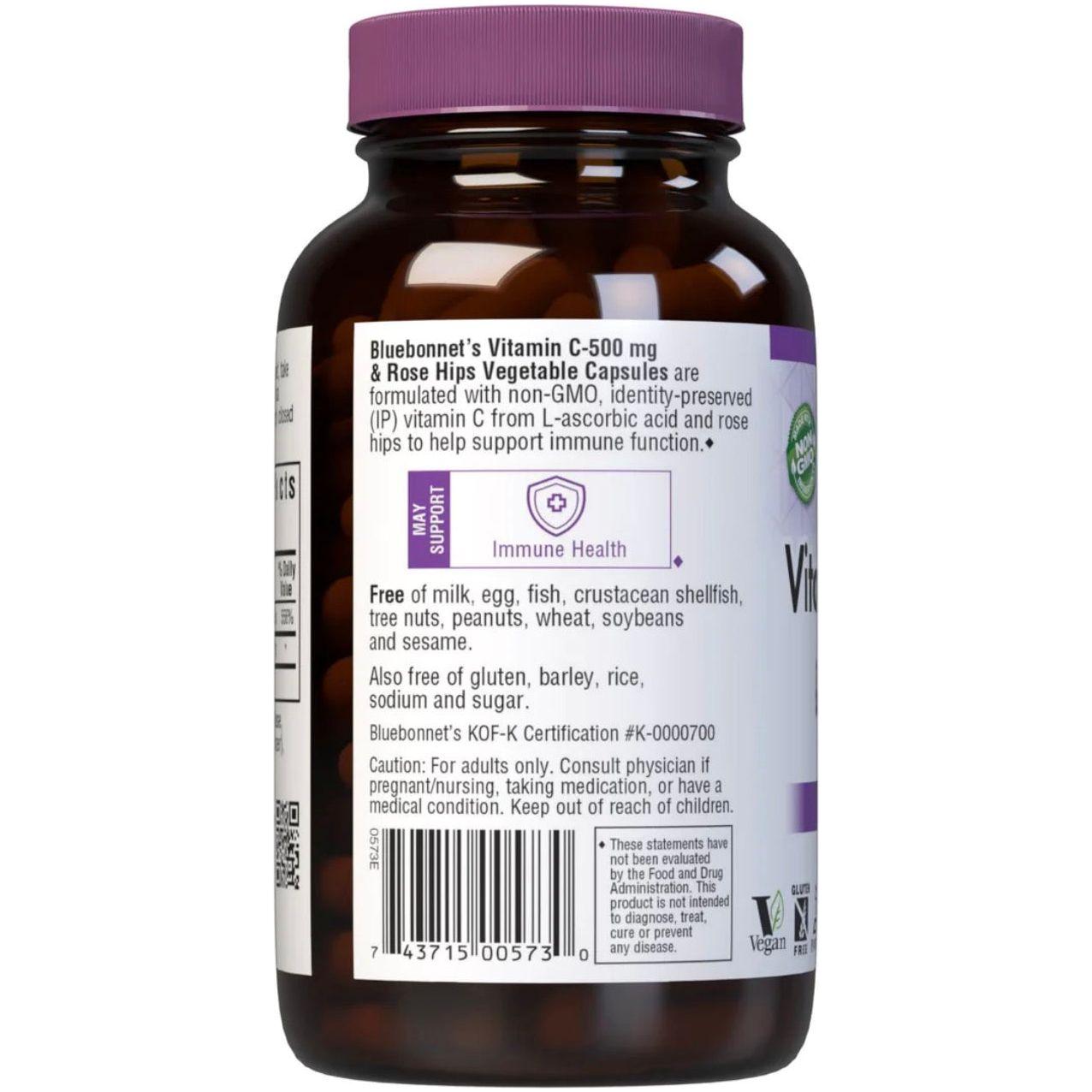 Bluebonnets Vitamin C-500 mg Plus Rose Hips 180 Vegetable Capsules by Pasteur Pharmacy