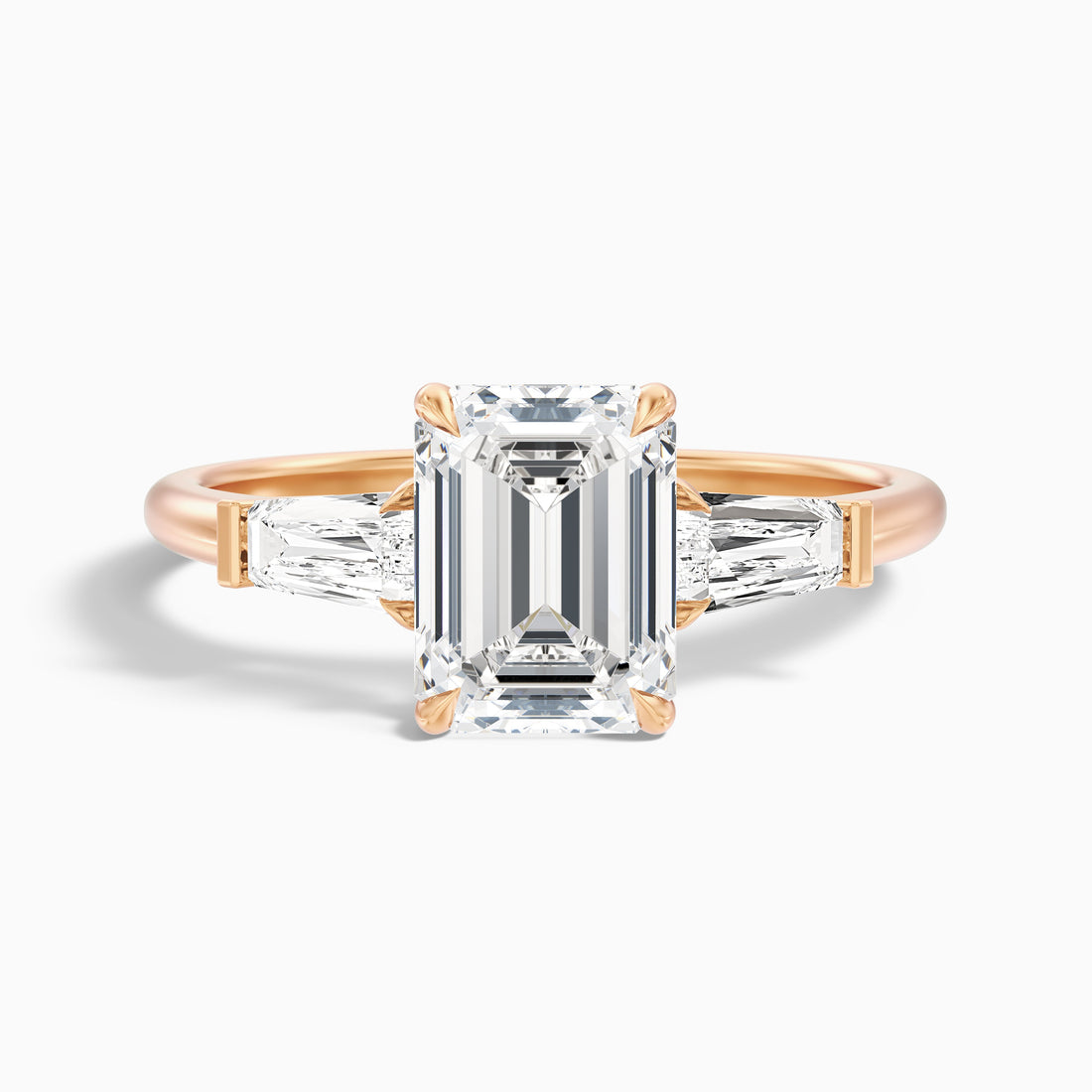 Huma 3 Carat Emerald Cut Moissanite 3 Stone Engagement Ring with Baguette in 10k Rose Gold  DestGlow