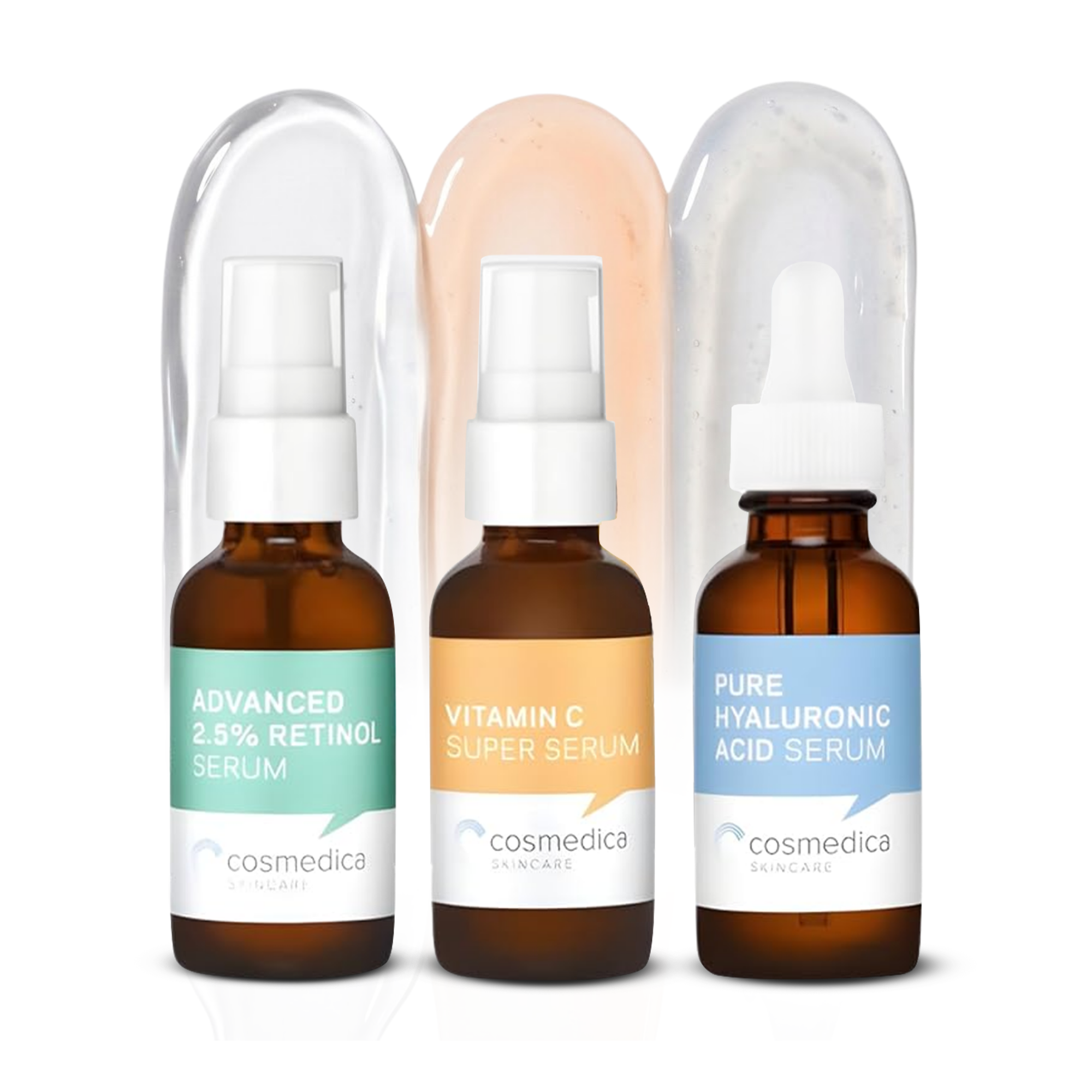 Cosmedica Skincare Facial Serum Trio Set – Vitamin C Serum, 2.5% Retinol Serum &amp; Hyaluronic Acid Serum for Face – Anti Aging, Brightening &amp; Hydrating Skincare – Reduce Wrinkles &amp; Dark Spots – Vegan, Cruelty Free (3 x 1oz)  DestGlow
