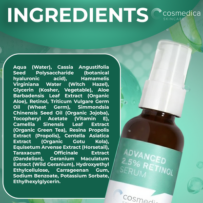 Cosmedica Skincare Retinol Serum 2.5% | Hydrating Vitamin A Serum with Green Tea Hyaluronic Acid Vitamin E | Non-Irritating Serum for Sensitive Skin Oily Skin | 1oz by Cosmedica Skincare