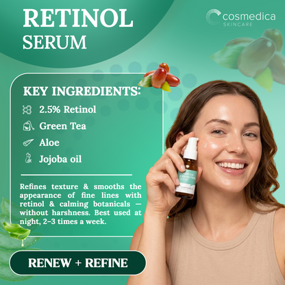 Cosmedica Skincare Facial Serum Trio Set – Vitamin C Serum, 2.5% Retinol Serum &amp; Hyaluronic Acid Serum for Face – Anti Aging, Brightening &amp; Hydrating Skincare – Reduce Wrinkles &amp; Dark Spots – Vegan, Cruelty Free (3 x 1oz) by Cosmedica Skincare