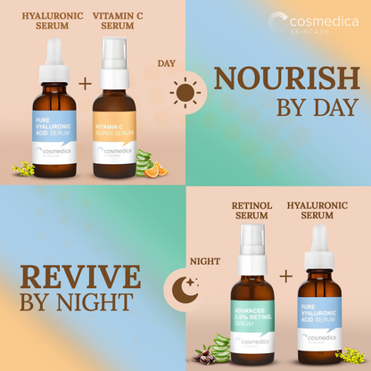 Cosmedica Skincare Facial Serum Trio Set – Vitamin C Serum, 2.5% Retinol Serum &amp; Hyaluronic Acid Serum for Face – Anti Aging, Brightening &amp; Hydrating Skincare – Reduce Wrinkles &amp; Dark Spots – Vegan, Cruelty Free (3 x 1oz)  DestGlow