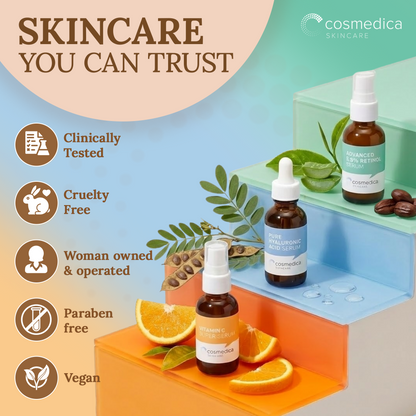 Cosmedica Skincare Facial Serum Trio Set – Vitamin C Serum, 2.5% Retinol Serum &amp; Hyaluronic Acid Serum for Face – Anti Aging, Brightening &amp; Hydrating Skincare – Reduce Wrinkles &amp; Dark Spots – Vegan, Cruelty Free (3 x 1oz) by Cosmedica Skincare