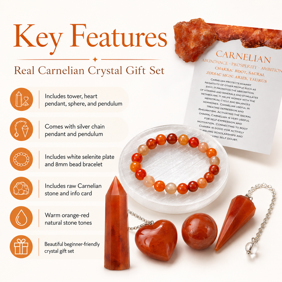 Carnelian Crystal Gift Set For Emotional Support and Protection, Real Polished Gemstones.  DestGlow