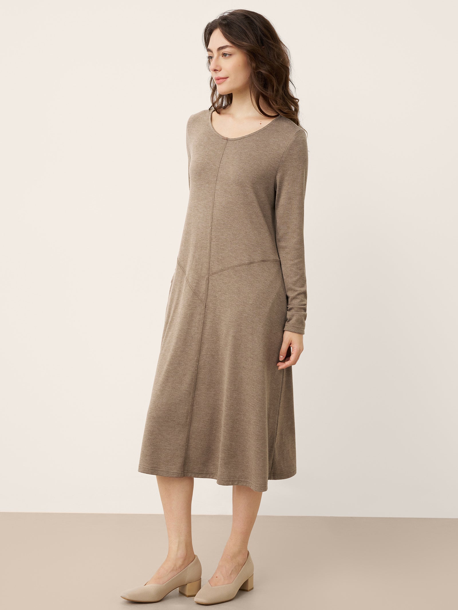 Cashmere Crew Neck Sculpted Seam A-Line Midi Dress HARLOW by LINTICO