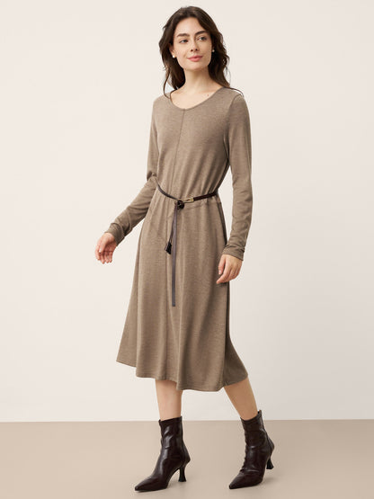 Cashmere Crew Neck Sculpted Seam A-Line Midi Dress HARLOW by LINTICO