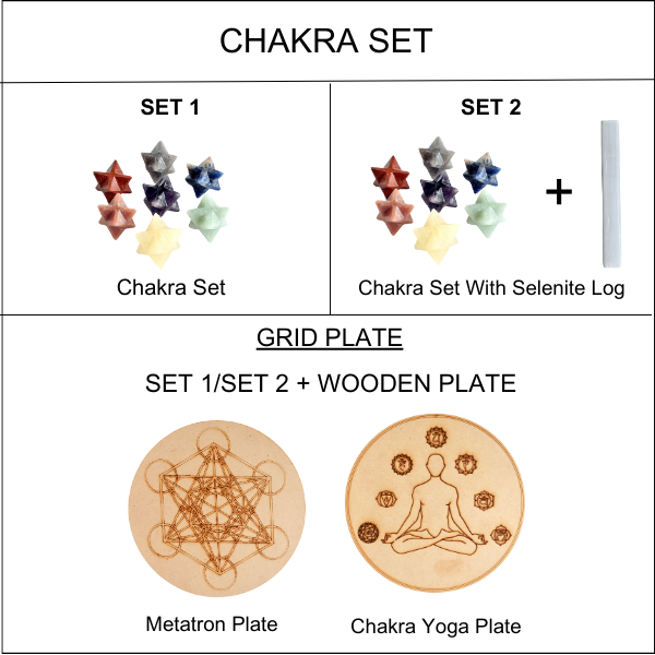 7 Chakra Merkaba Set,  Chakra Crystals Set with Wooden Grid Plate, Selenite Log  DestGlow