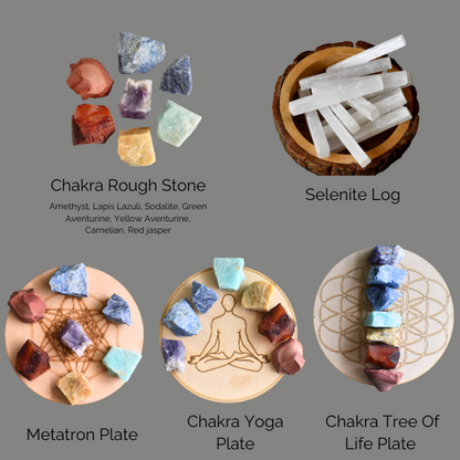 Chakra Crystals Set, 7 Chakra Rough Stones Set, Wooden Grid Plate, Selenite Log  DestGlow
