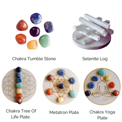 Chakra Tumbled Crystals Set, 7 Chakra Stones Set,  Wooden Grid Plate, Selenite Log  DestGlow
