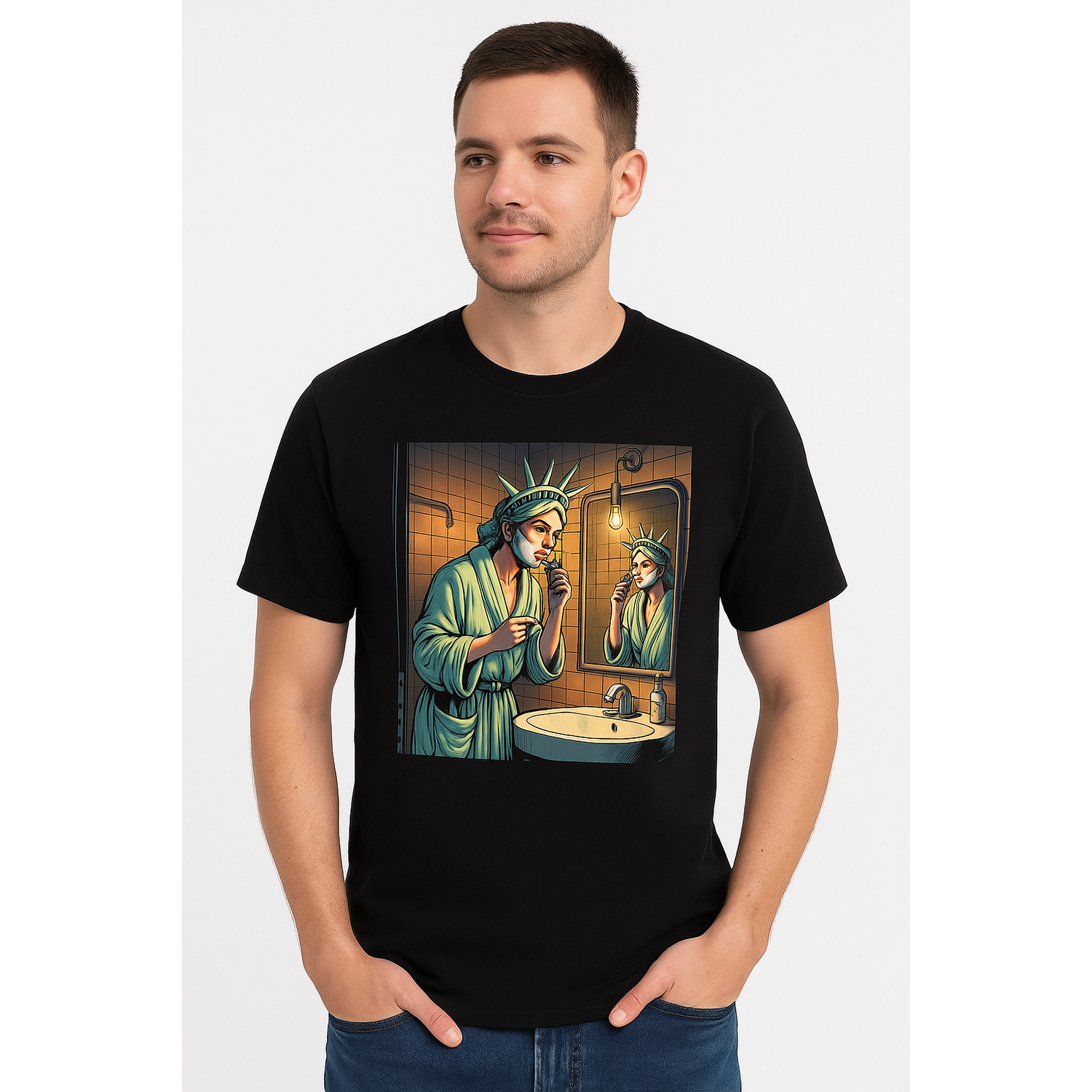 Pasteur Statue of Liberty Shaving – Graphic Black T-Shirt by Pasteur Pharmacy