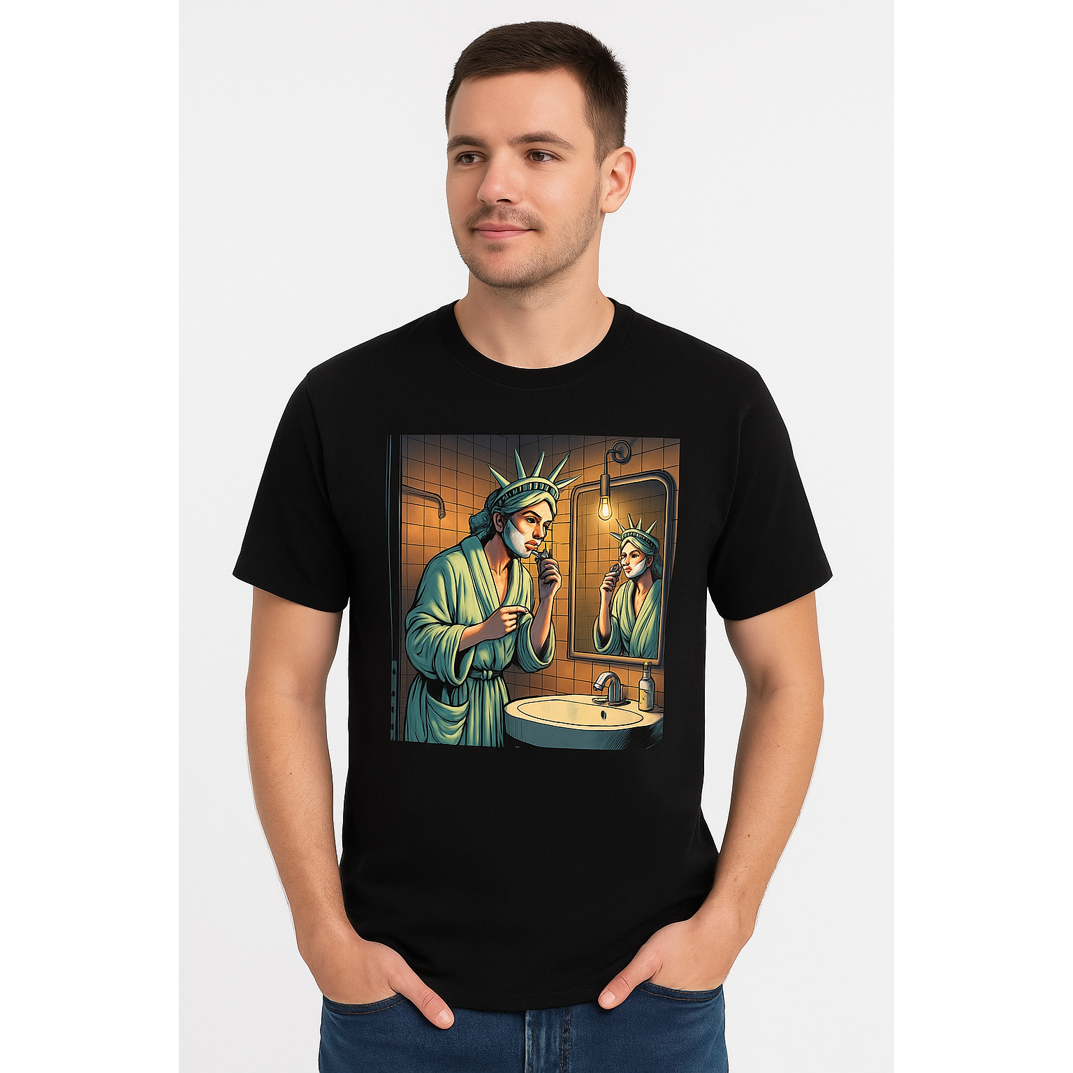 Pasteur Statue of Liberty Shaving – Graphic Black T-Shirt by Pasteur Pharmacy