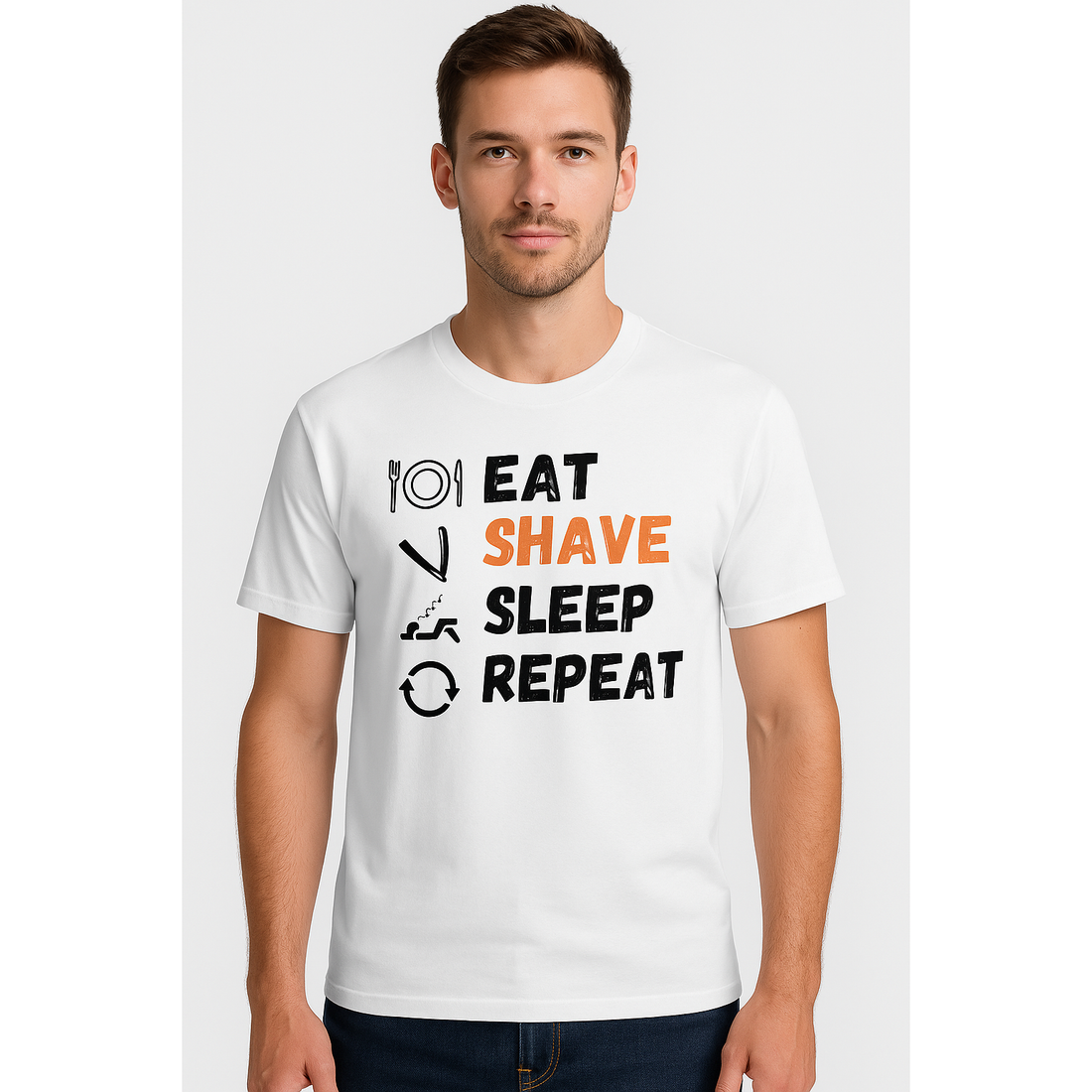 Pasteur Eat Shave Sleep Repeat – White Graphic T-Shirt by Pasteur Pharmacy