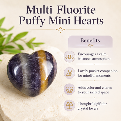 Multi Fluorite Heart Crystal, Puffy Mini 1 Inch Pocket Crystal Heart