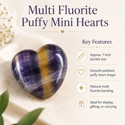 Multi Fluorite Heart Crystal, Puffy Mini 1 Inch Pocket Crystal Heart