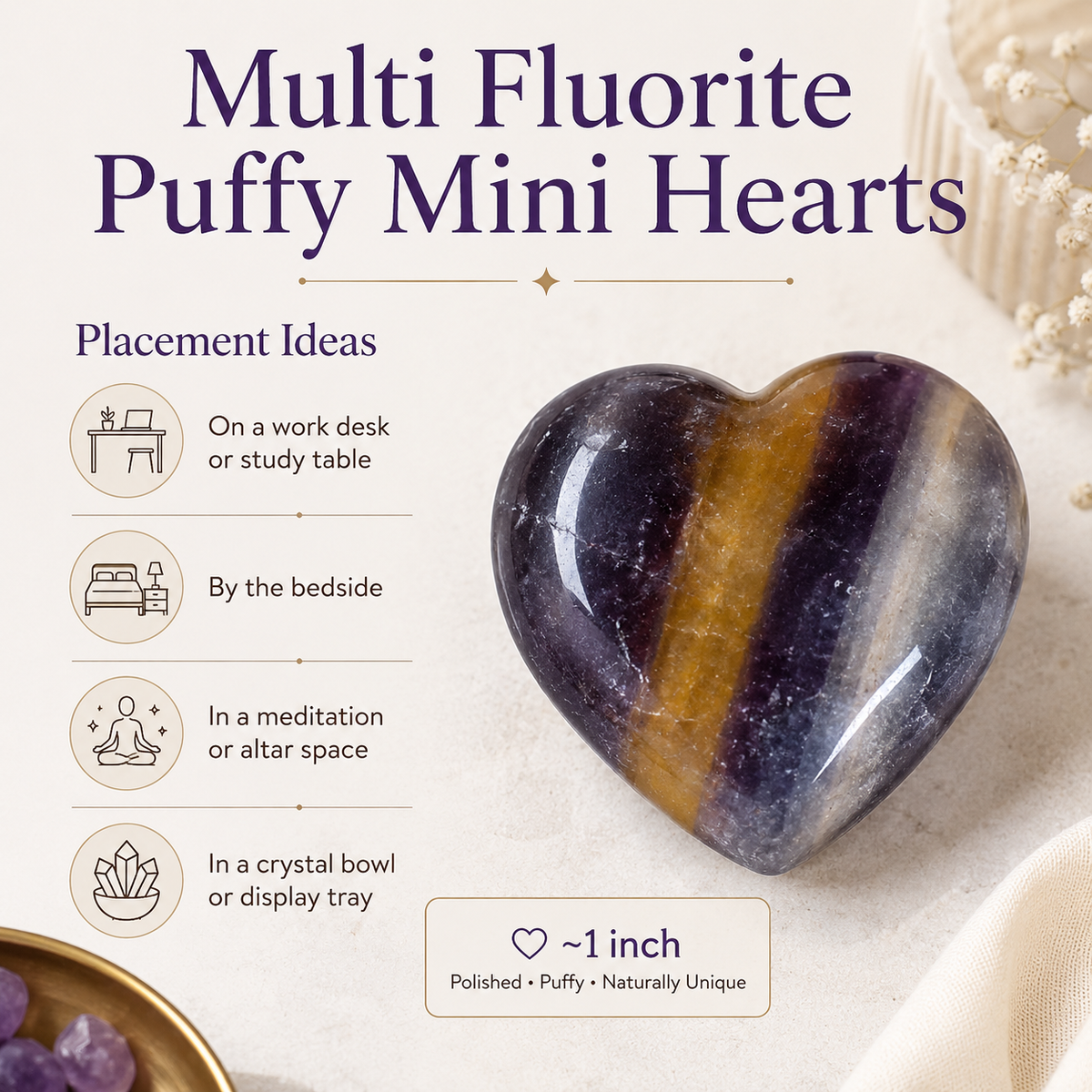 Multi Fluorite Heart Crystal, Puffy Mini 1 Inch Pocket Crystal Heart  DestGlow