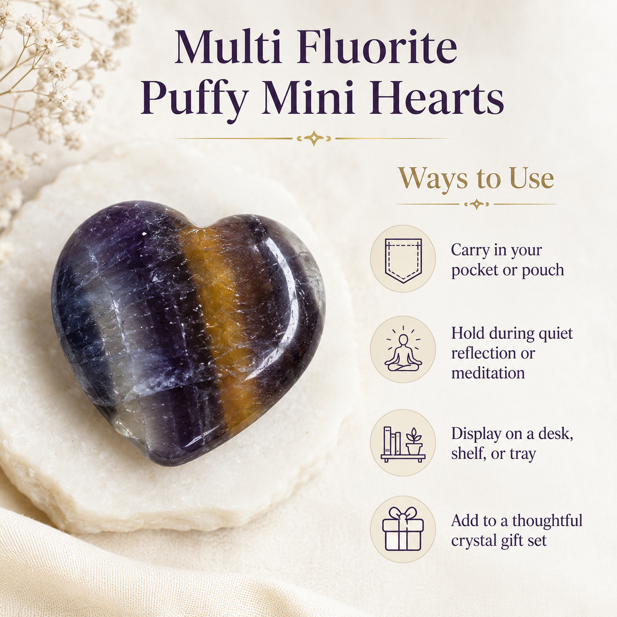 Multi Fluorite Heart Crystal, Puffy Mini 1 Inch Pocket Crystal Heart  DestGlow